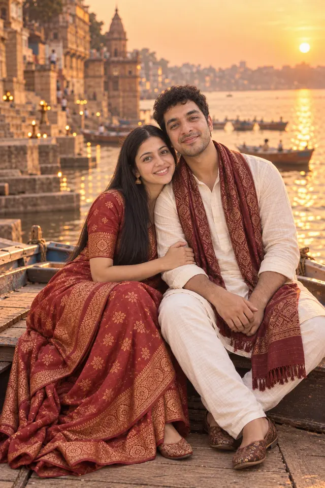 Side by side on the ghat: a couple photographed at Banarasi at the ghats