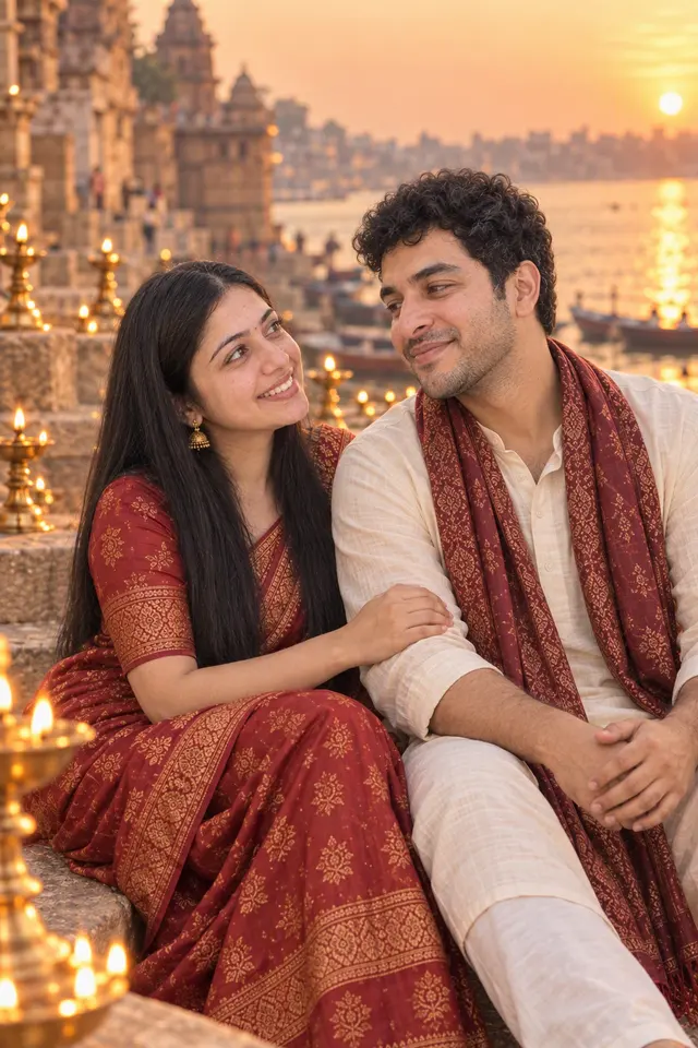 By the lamps: a couple photographed at Banarasi at the ghats
