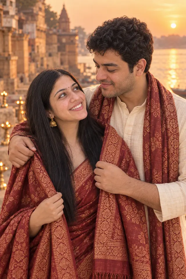 His shawl: a couple photographed at Banarasi at the ghats