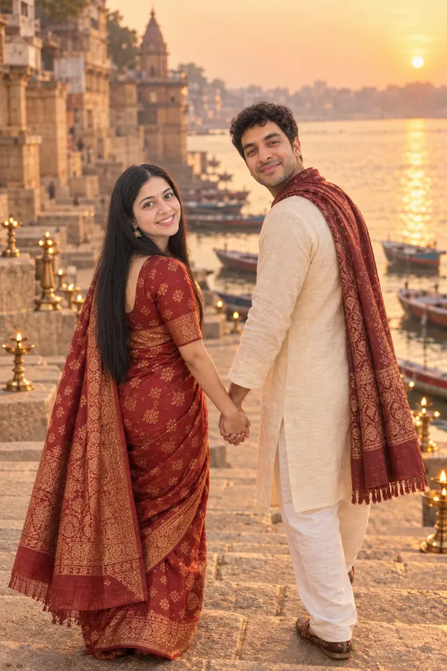 Down to the river: a couple photographed at Banarasi at the ghats
