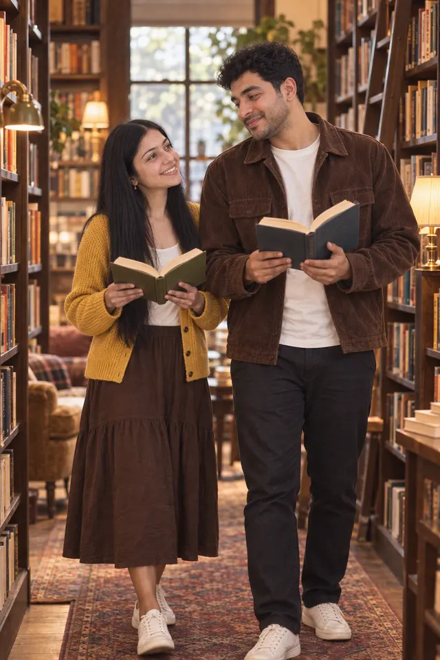 Between the shelves: a couple photographed at Bookshop date