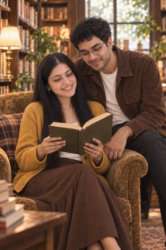 Reading together: a couple photographed at Bookshop date