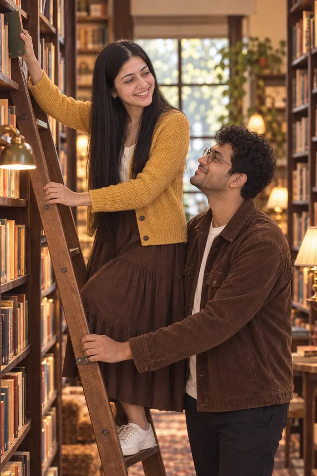 On the ladder: a couple photographed at Bookshop date