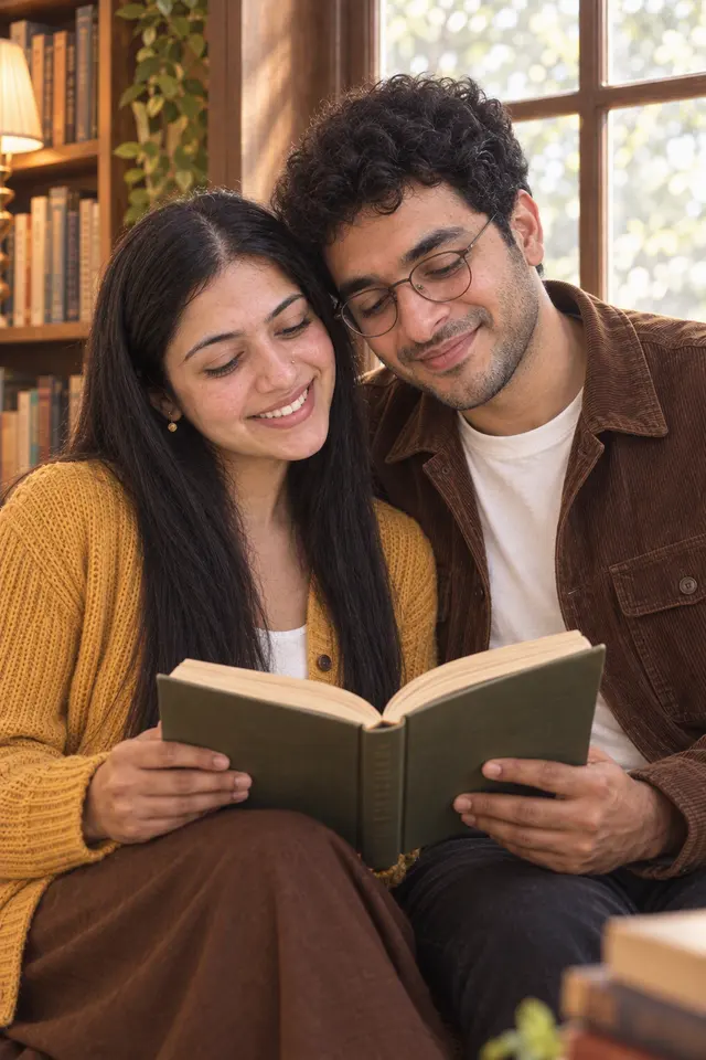 By the window: a couple photographed at Bookshop date