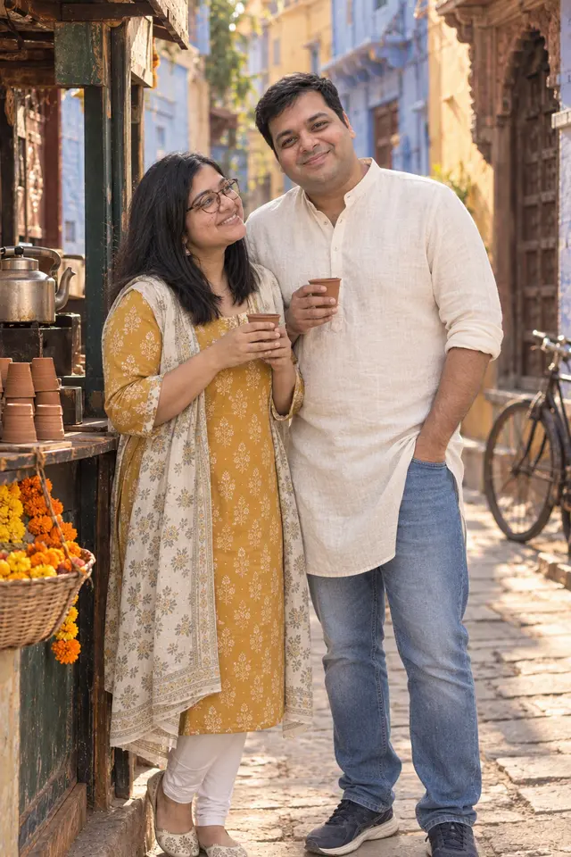 At the chai stall: a couple photographed at Chai in the old city