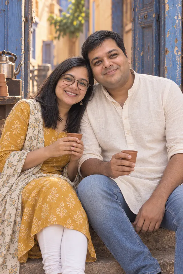 On the doorway step: a couple photographed at Chai in the old city