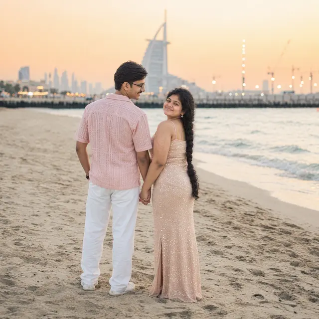 Looking back together: a couple photographed at Burj Al Arab beach, Dubai