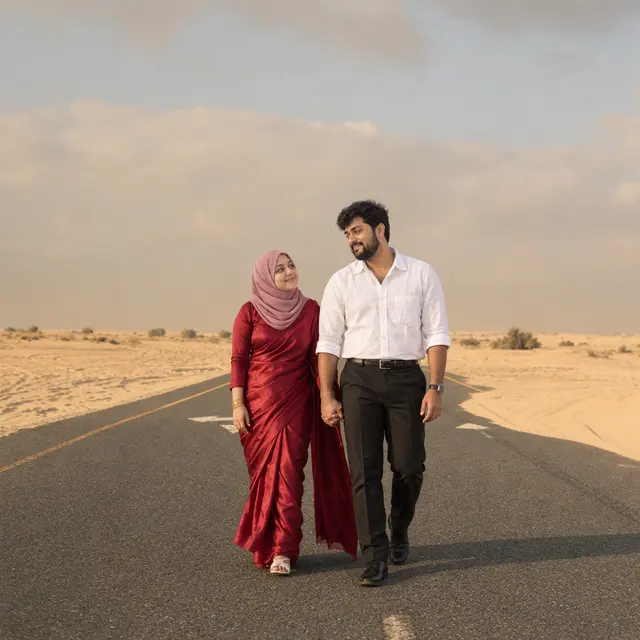 Saree on the desert road: a couple photographed at Desert road, Dubai
