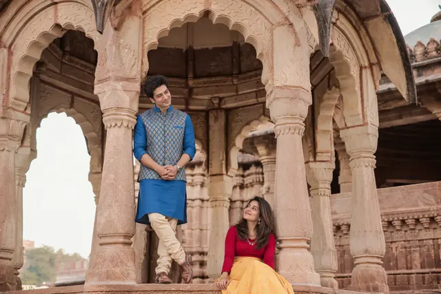 Looking up together: a couple photographed at Mandore Gardens, Jodhpur