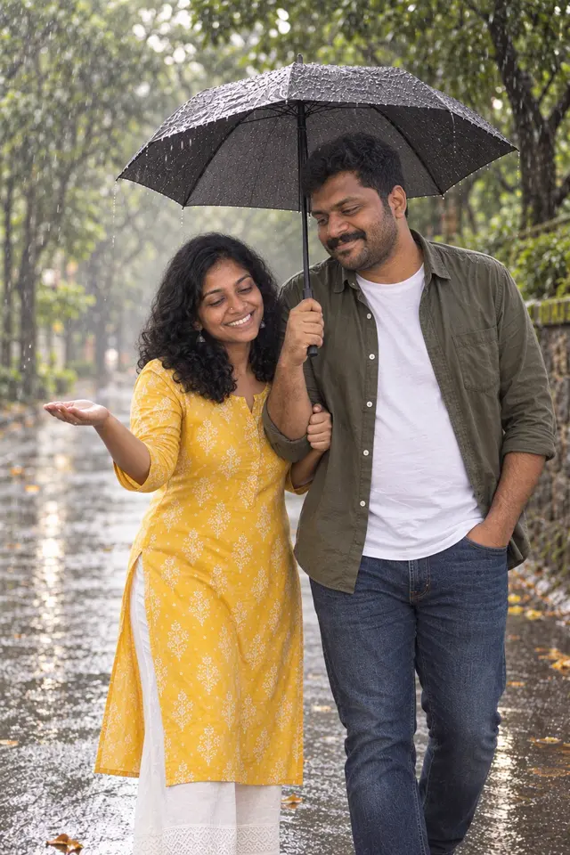 Catching the rain: a couple photographed at Monsoon walk
