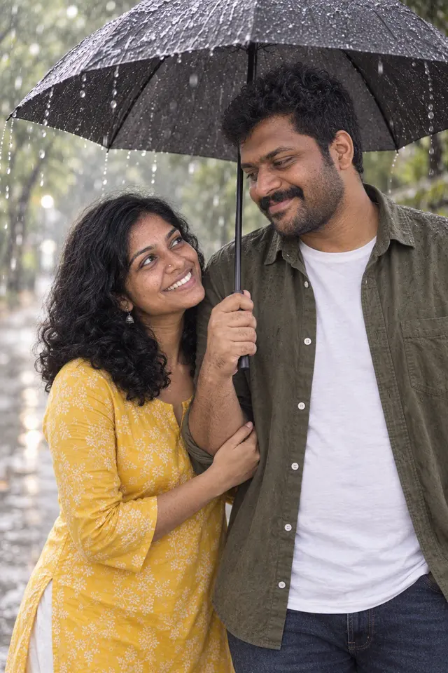 Close under the umbrella: a couple photographed at Monsoon walk