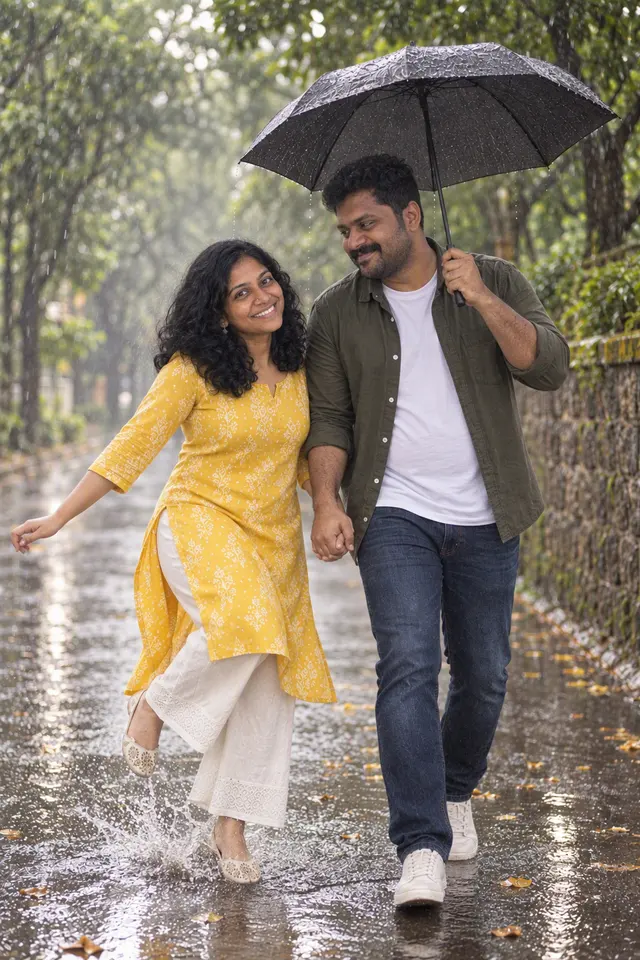 Puddle jump: a couple photographed at Monsoon walk