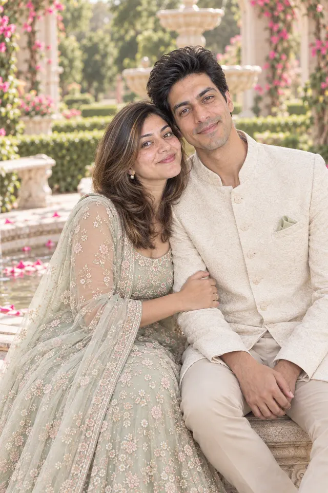 By the fountain: a couple photographed at Pastel garden