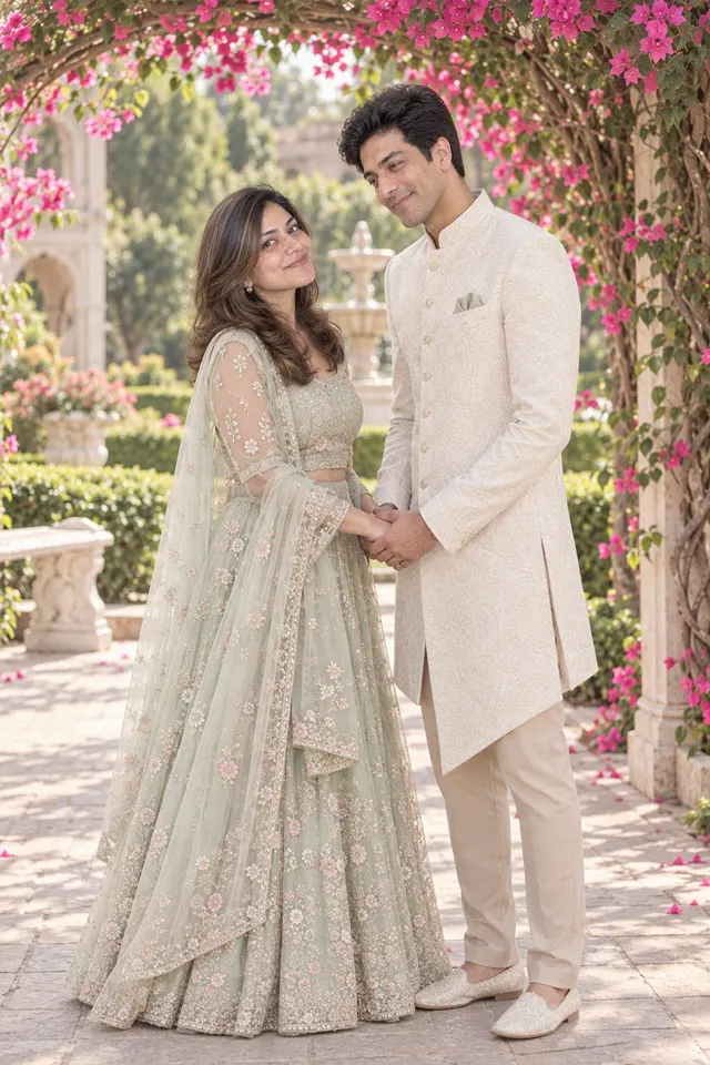 Under the bougainvillea: a couple photographed at Pastel garden