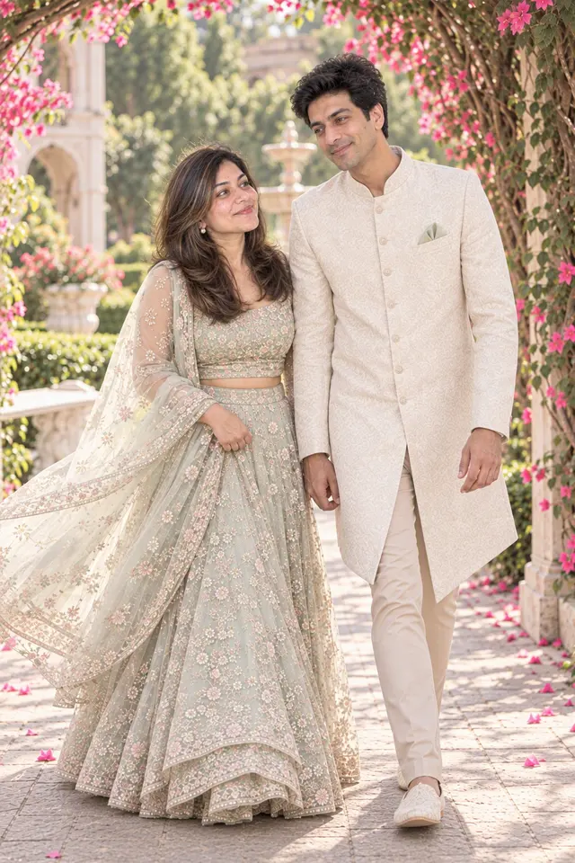 Down the garden path: a couple photographed at Pastel garden