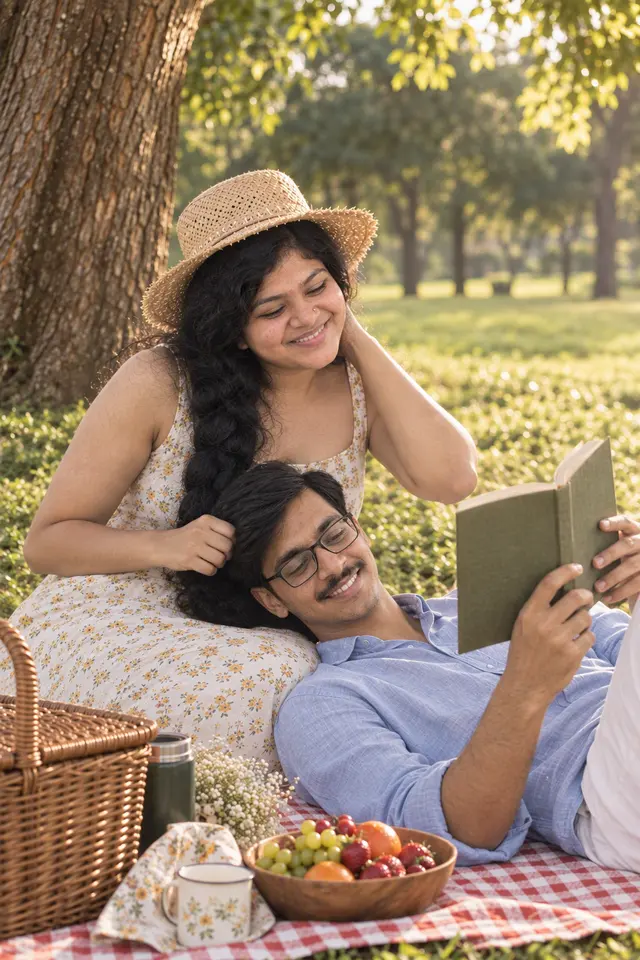 Reading aloud: a couple photographed at Picnic in the park