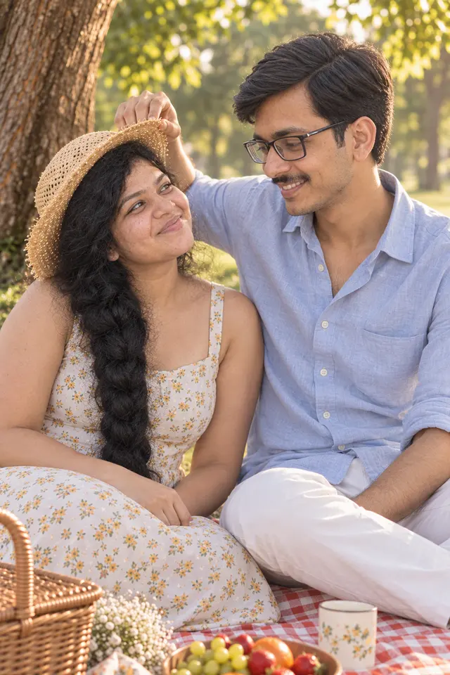 Under the straw hat: a couple photographed at Picnic in the park