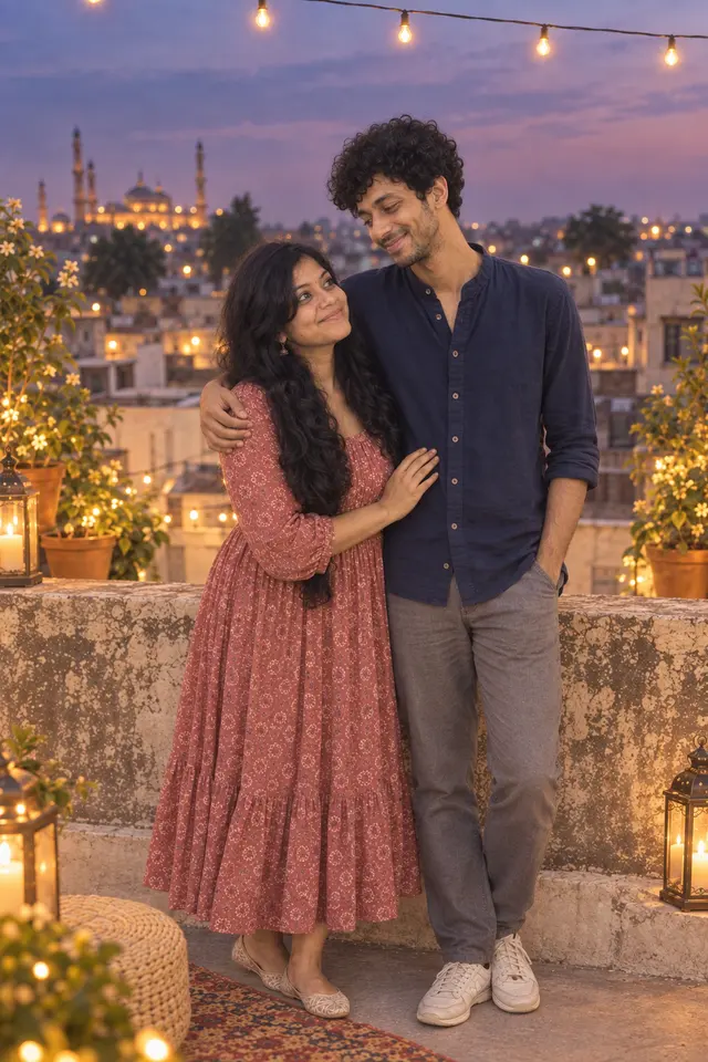 Above the city: a couple photographed at Rooftop at dusk