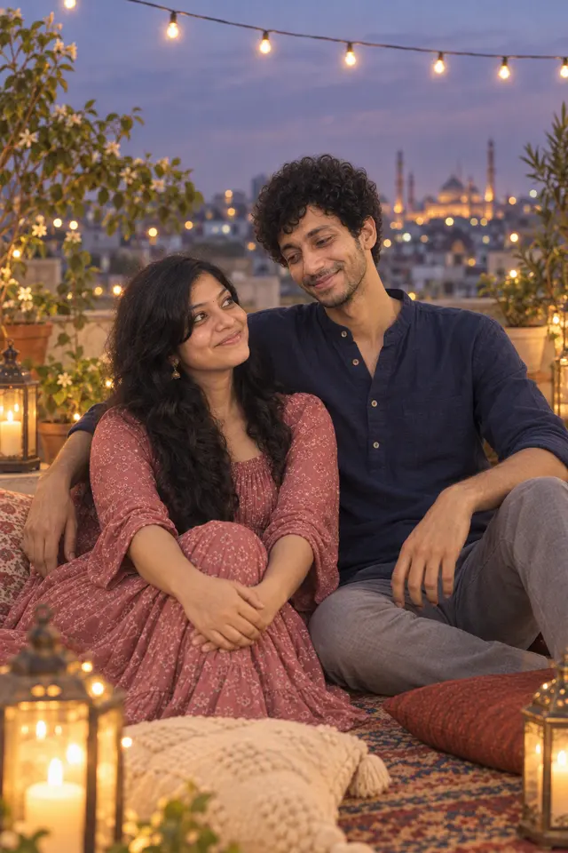 Under the fairy lights: a couple photographed at Rooftop at dusk
