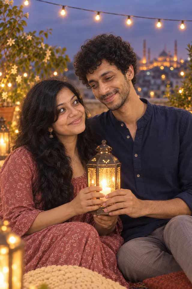Lantern light: a couple photographed at Rooftop at dusk