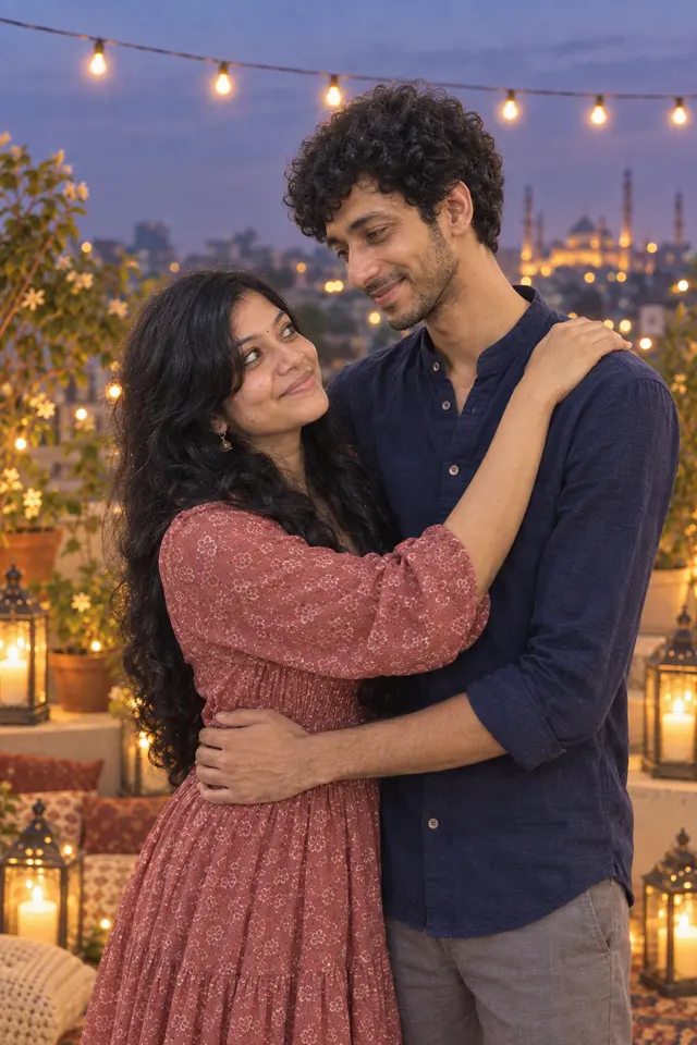 A slow dance: a couple photographed at Rooftop at dusk