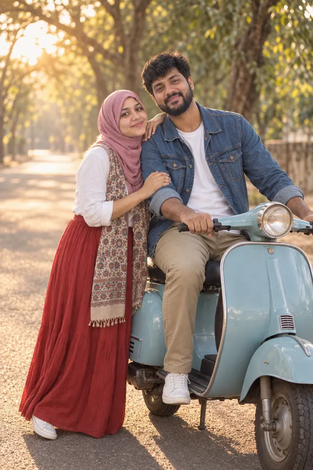 Parked by the trees: a couple photographed at Scooter ride