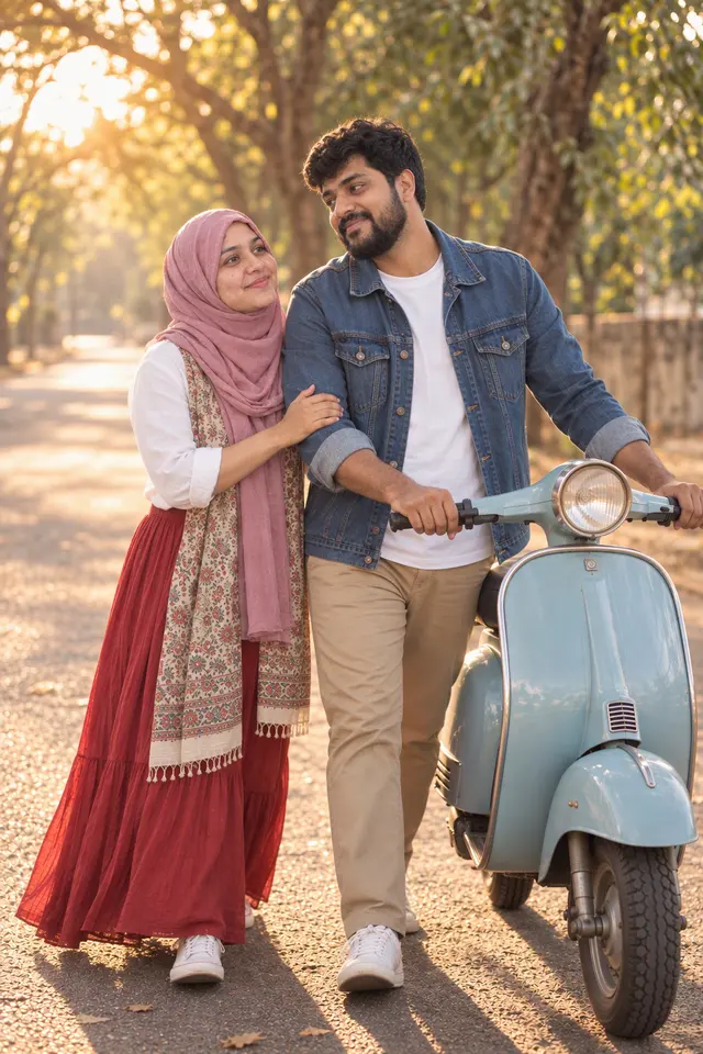 Walking it home: a couple photographed at Scooter ride