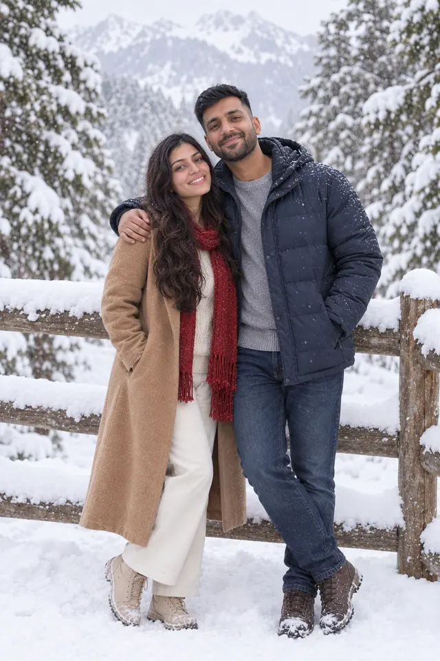By the fence: a couple photographed at Snow day
