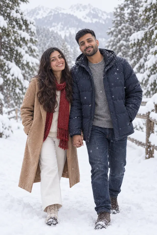Between the pines: a couple photographed at Snow day