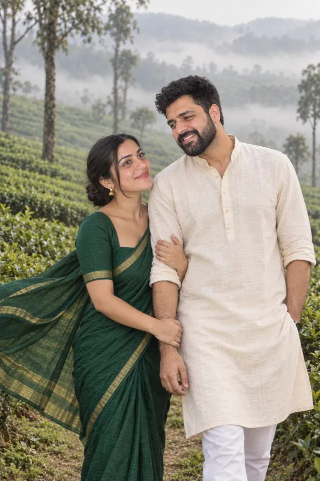 Saree in the breeze: a couple photographed at Tea gardens in the mist