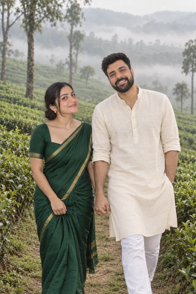 Through the tea rows: a couple photographed at Tea gardens in the mist