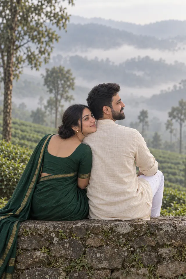 Looking out: a couple photographed at Tea gardens in the mist
